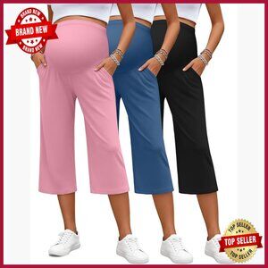 3 Pack Maternity Capris High Waisted Adjustable Pocket Cropped Pants